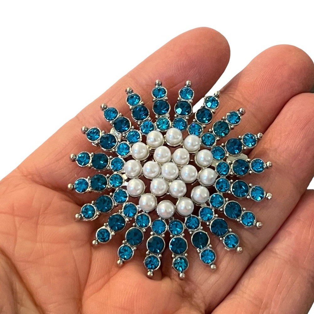 Blue Crystal and Pearl Sunburst Brooch - Women's Jewelry